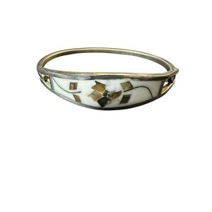 vintage Taxco Mexico hinged cuff bracelet abalone shell mother of pearl inlay